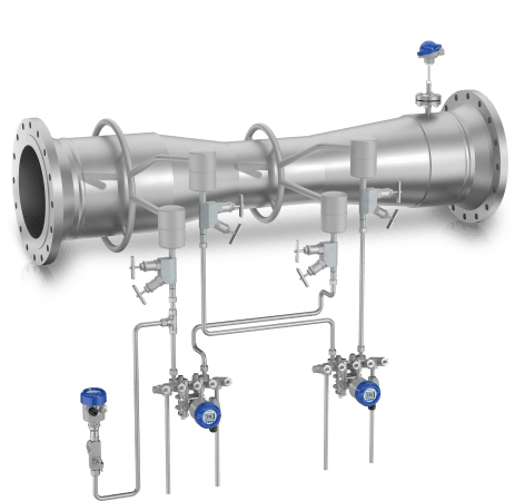 Venturi flowmeter with manifolds, pressure transmitter and temperature sensor DP flowmeter with Venturi tube, DP transmitters, condensate pots, manifolds, temperature assembly and pressure transmitter