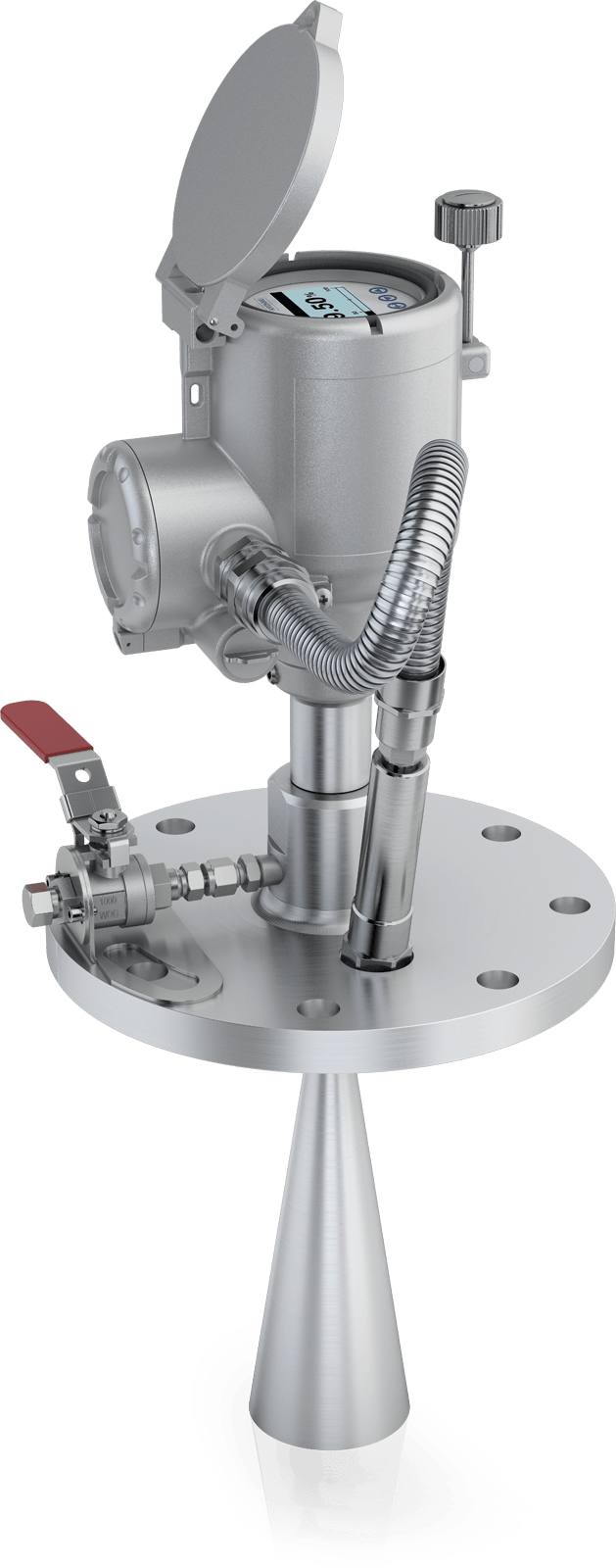 OPTIWAVE-M 7400 Transmetteur de niveau radar (FMCW) OPTIWAVE-M 7400 – Modèle avec antenne conique et vanne à boisseau sphérique