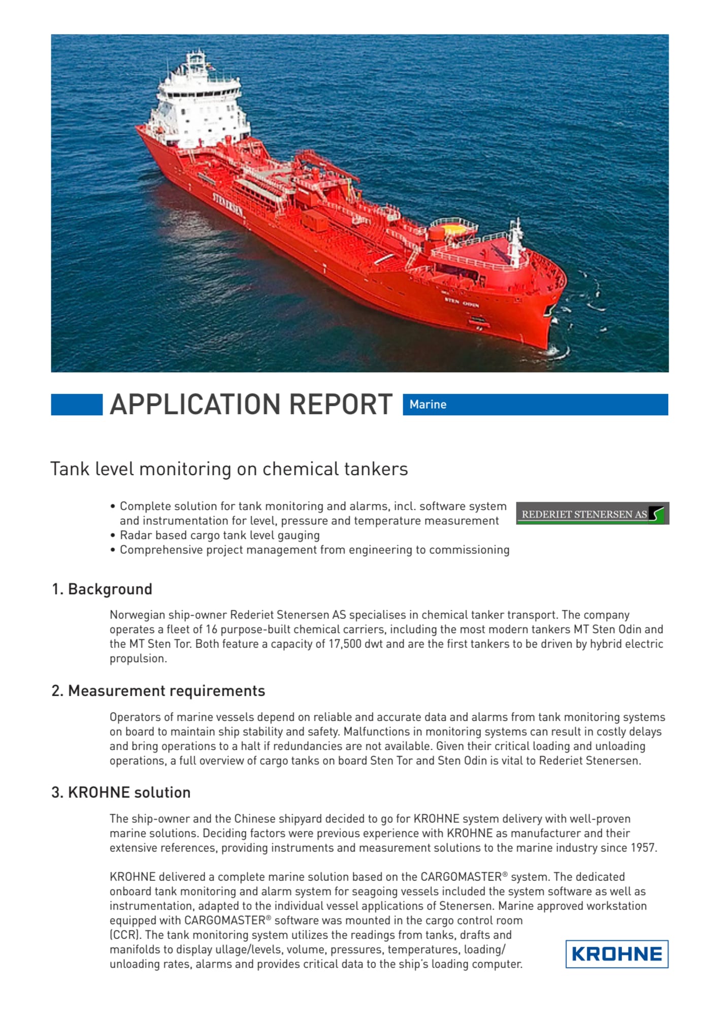 Tank level monitoring on chemical tankers Krohne Applications