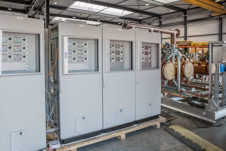 Supervisory control cabinets filled with SUMMIT 8800 flow computer at KROHNE Oil and Gas factory in Breda Netherlands