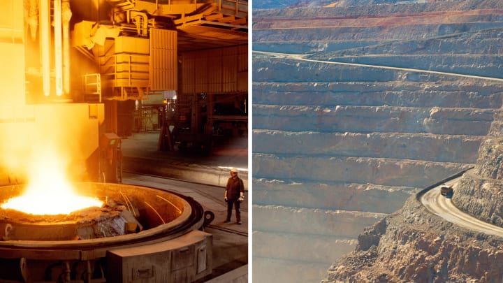Metal production facility and mining area Photo composing of a metal production facility and a mining area