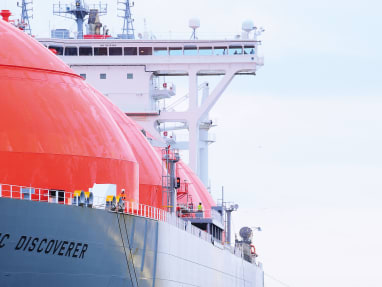View on the ship's bridge of a gas carrier ship