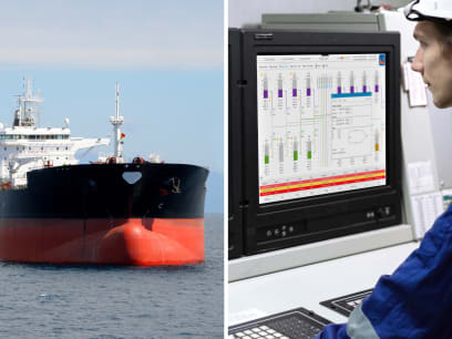 oil tanker technician in front of screen showing cargomaster