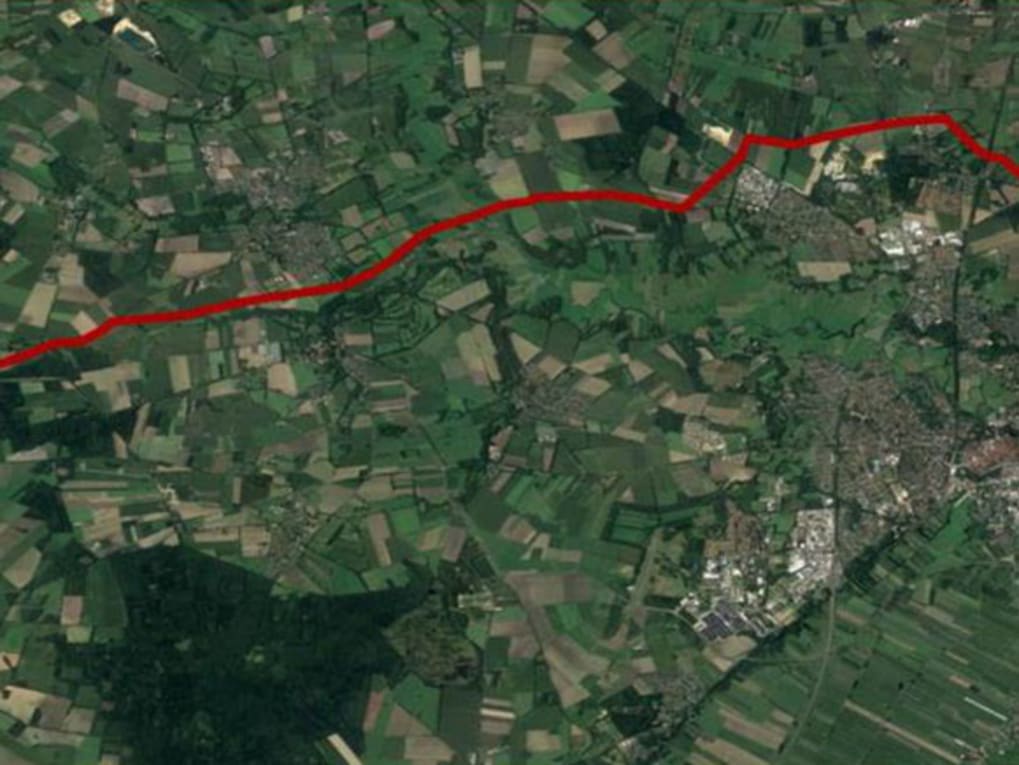 Google Earth map with a drawn pipeline in red