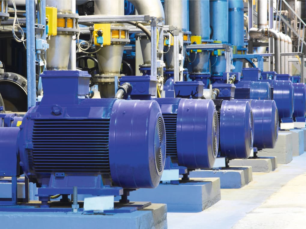 High pressure oil pumps in a row of a factory