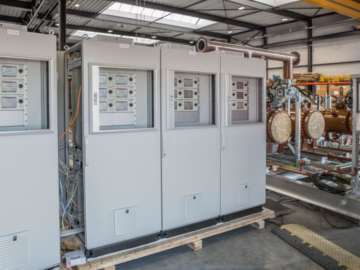 Supervisory control cabinets filled with SUMMIT 8800 flow computer at KROHNE Oil and Gas factory in Breda Netherlands