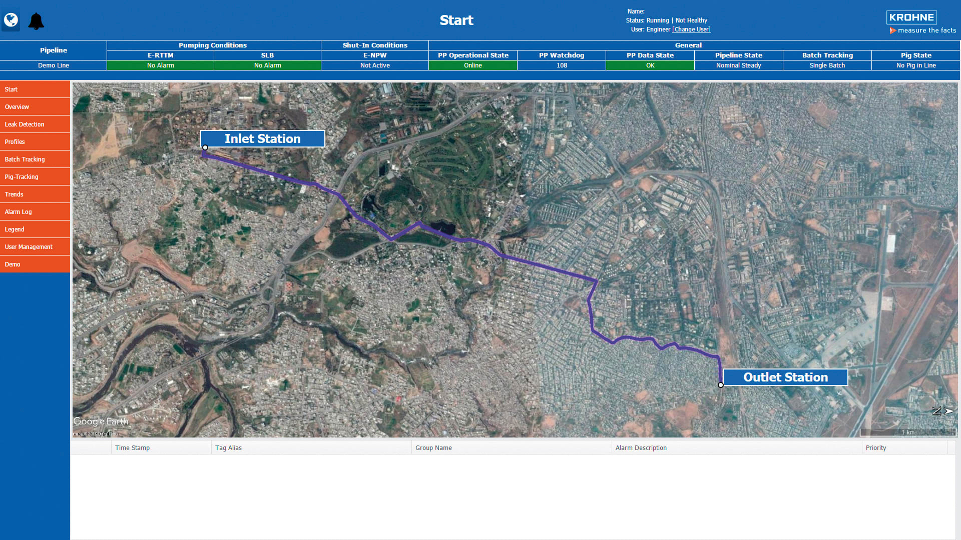 PipePatrol screen shows detection of leaks between inlet and outlet station of a pipeline