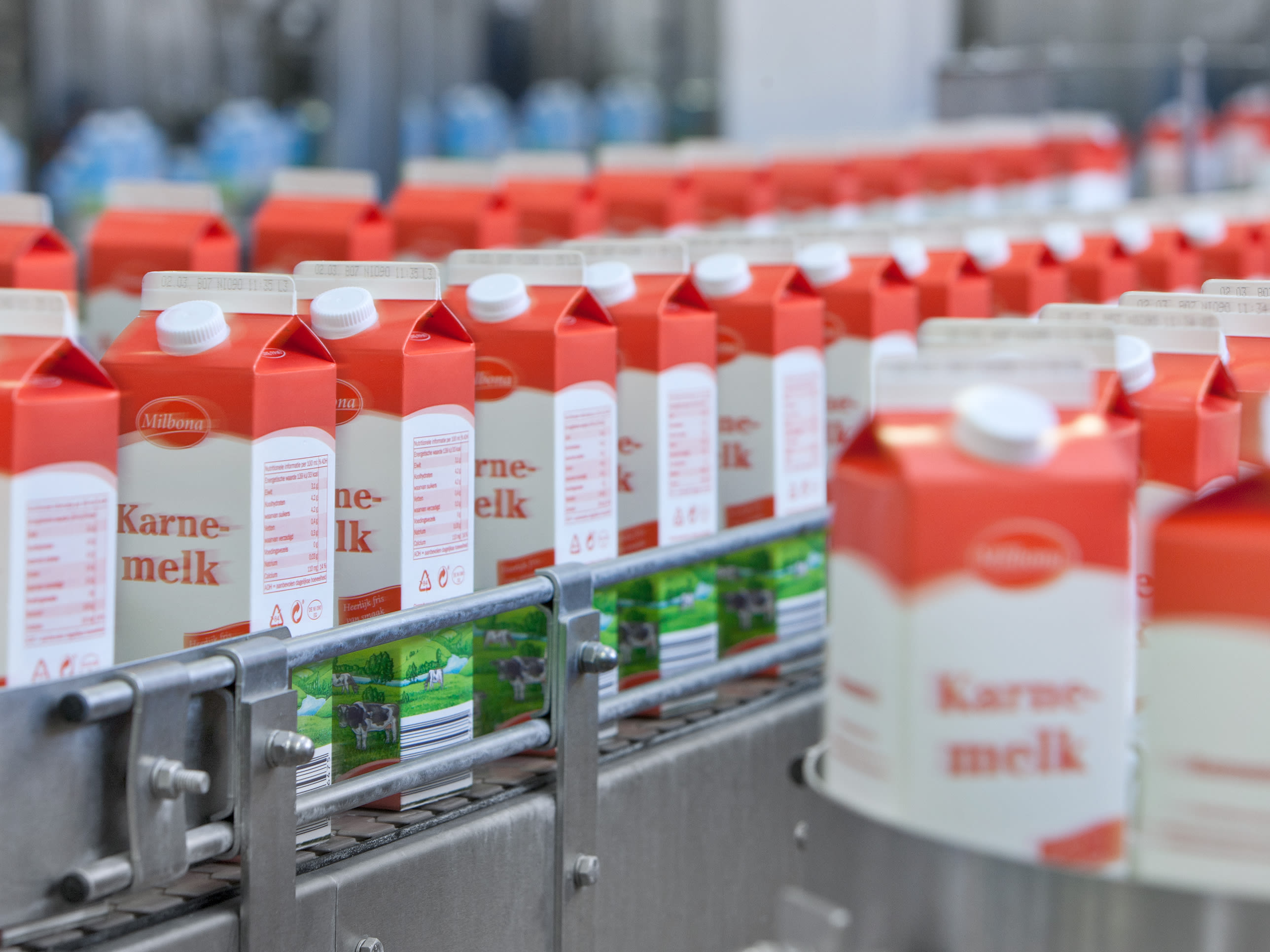 Food & Beverage industry Buttermilk cartons on a conveyer belt in a dairy production facility