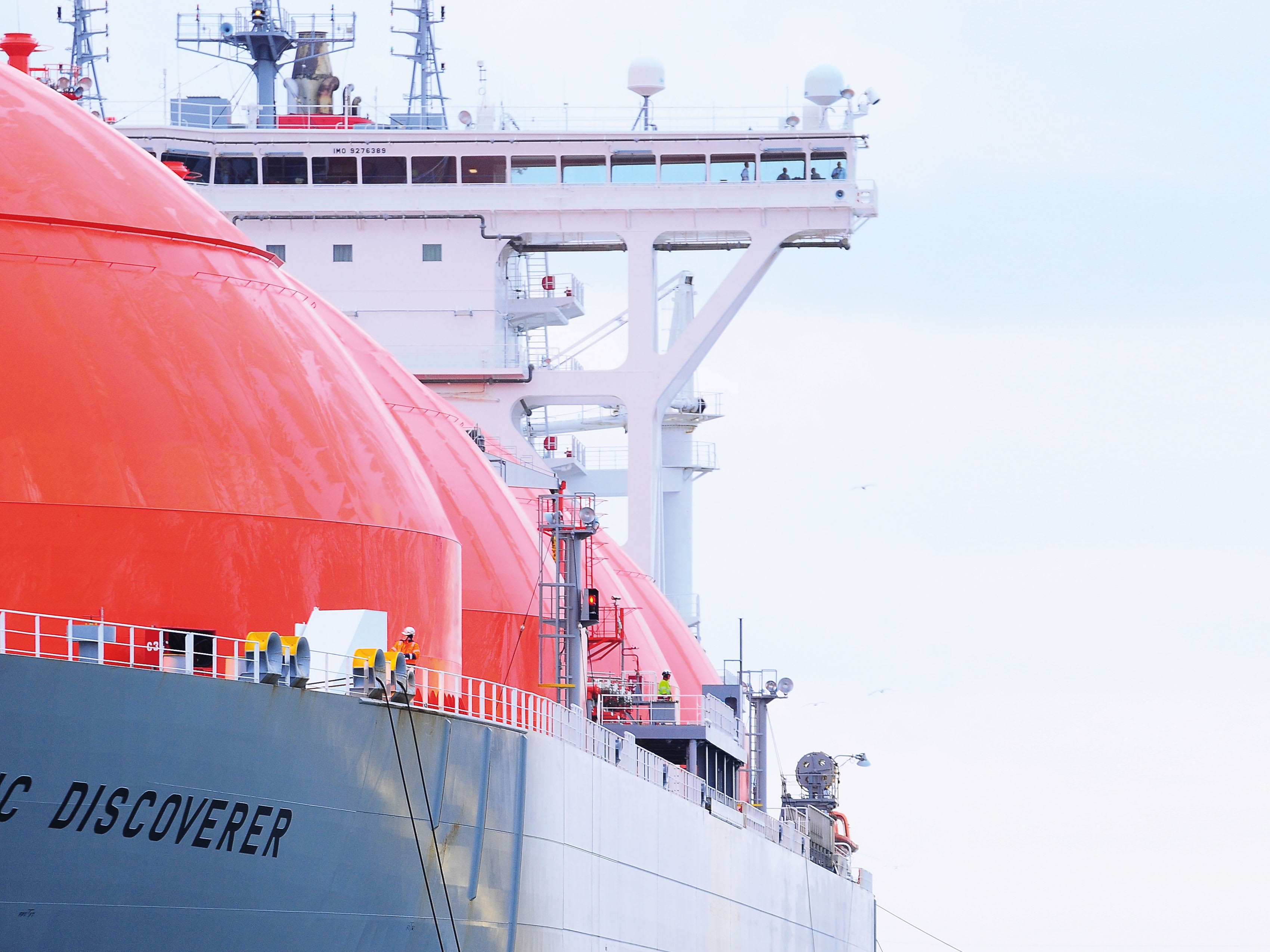 View on the ship's bridge of a gas carrier ship View on the ship's bridge of a gas carrier ship